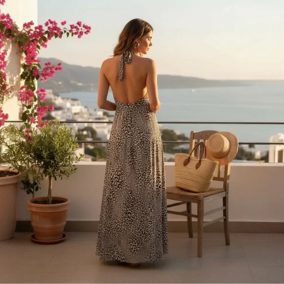 Sky Leopard Print Rhinestone Beaded Maxi Dress XS Halter Open Back Glam Y2K NWT - Picture 3 of 16